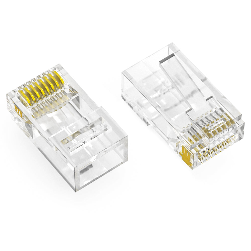 RJ45 CAT6 UTP Feed Through Plug Solid / Stranded 3-Prong 50 Micron Gold Plating 100-Pack RJ45 CAT6 UTP Feed Through Plug Solid / Stranded 3-Prong 50 Micron Gold Plating 100-Pack